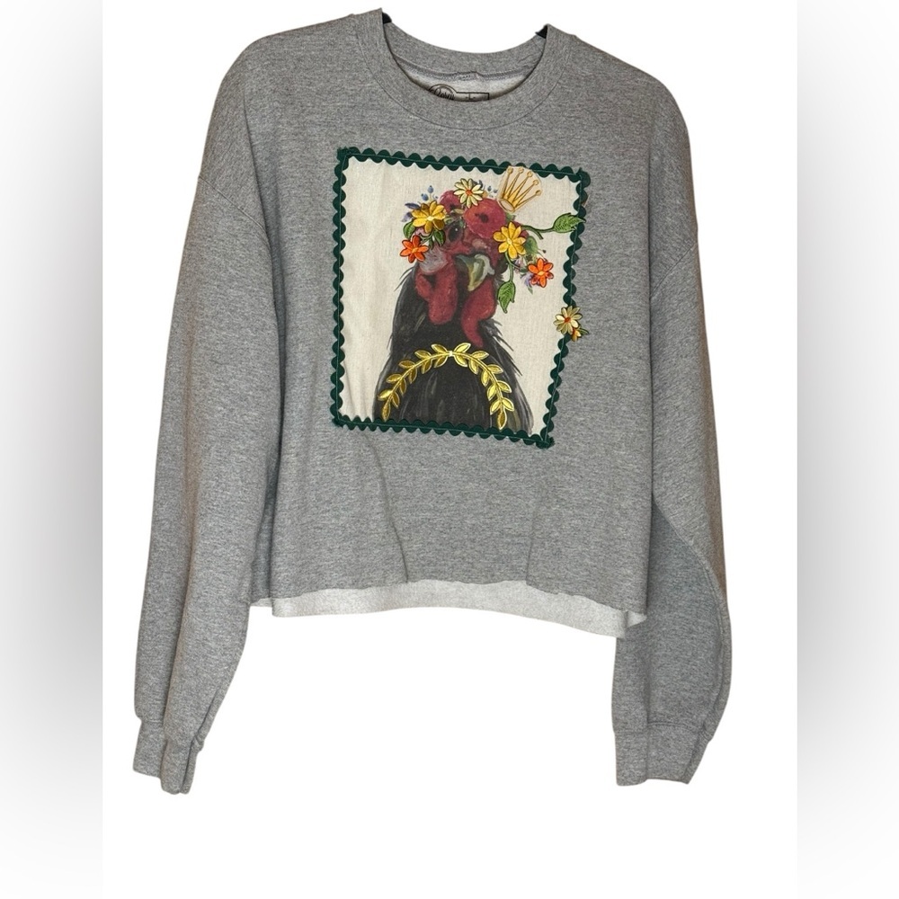 Handcrafted Upcycled Gray Cropped Novelty Appliqué Sweatshirt Rooster Graphic L - Picture 2 of 10